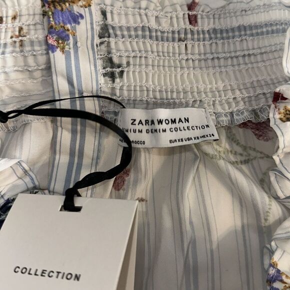 ZARA XS White Blue Vercial Stripe Floral Two Way Quarter Sl On Off Shoulder Top - Picture 9 of 10